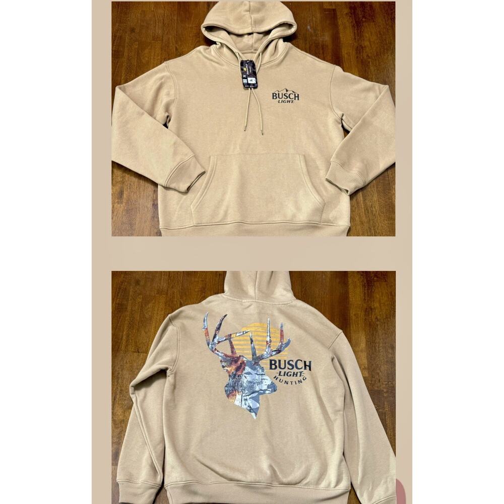 NEW Men's Busch Light Sweater Deer Hunting Camo Pullover Hoodie Brown Size Small